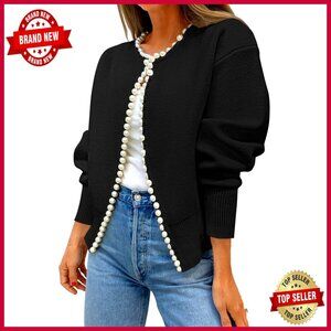 Open Front Cardigan Sweater Elegant Pearl Trim Knitted Long Sleeve Outerwear